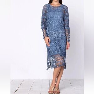 XCVI NWT Fonda Lace Crochet Midi Dress‎ Women’s Size Small Blue Boho Style READ